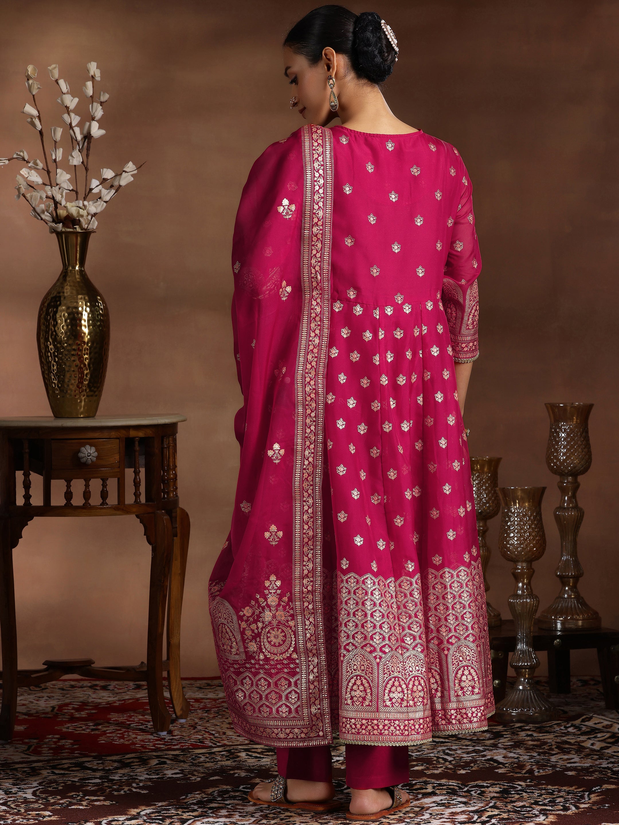 Pink Printed Organza Anarkali Suit With Dupatta