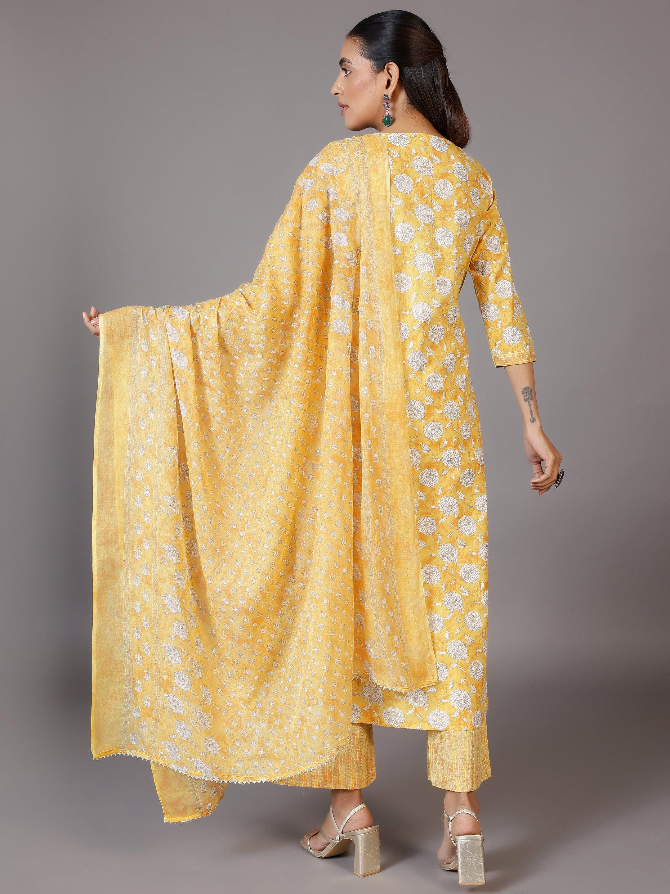 Yellow Printed Cotton Straight Suit With Dupatta