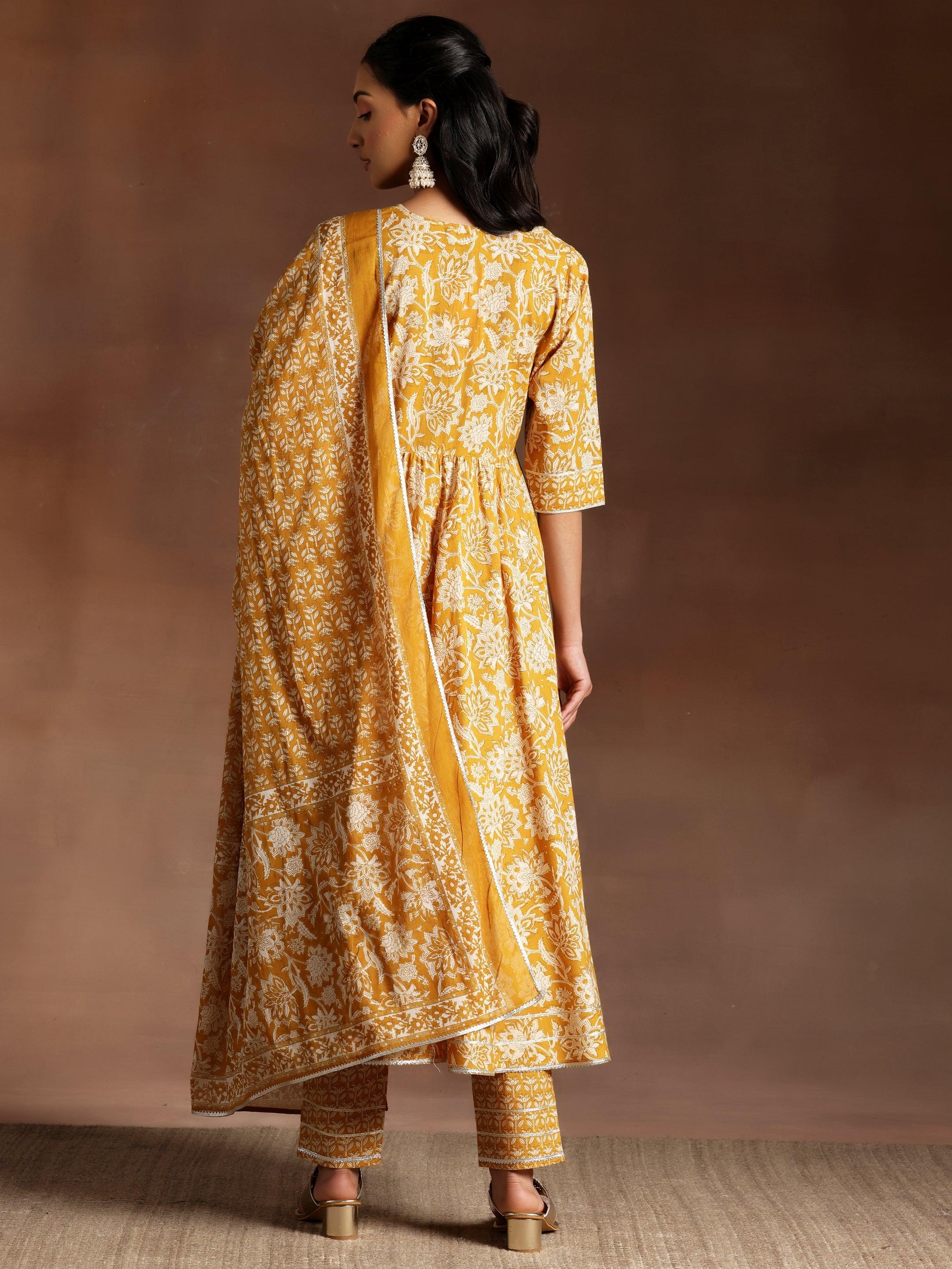 Mustard Printed Cotton Anarkali Suit With Dupatta