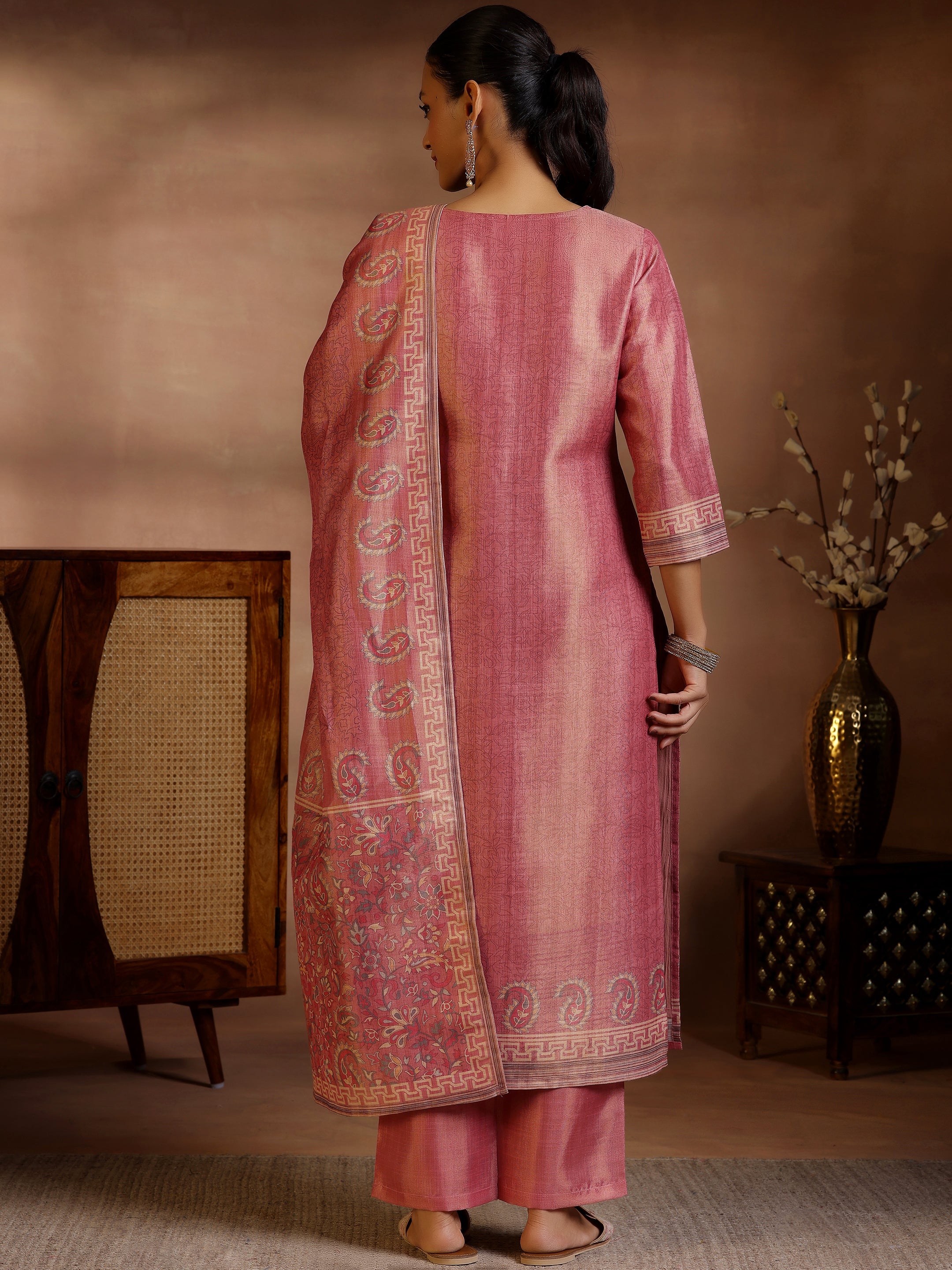 Pink Printed Silk Straight Suit With Dupatta