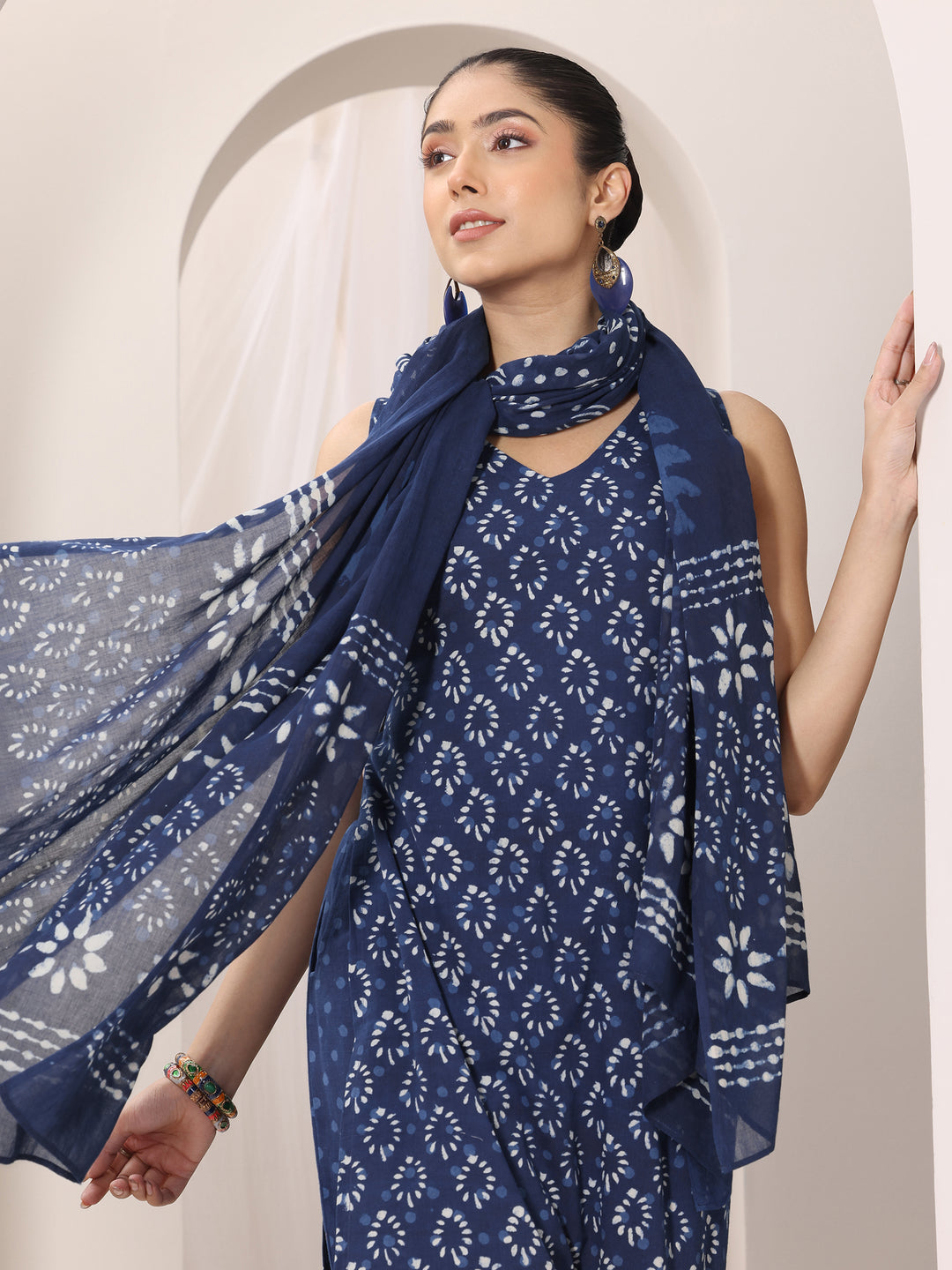 Indigo Printed Cotton Straight Suit Set With Dupatta