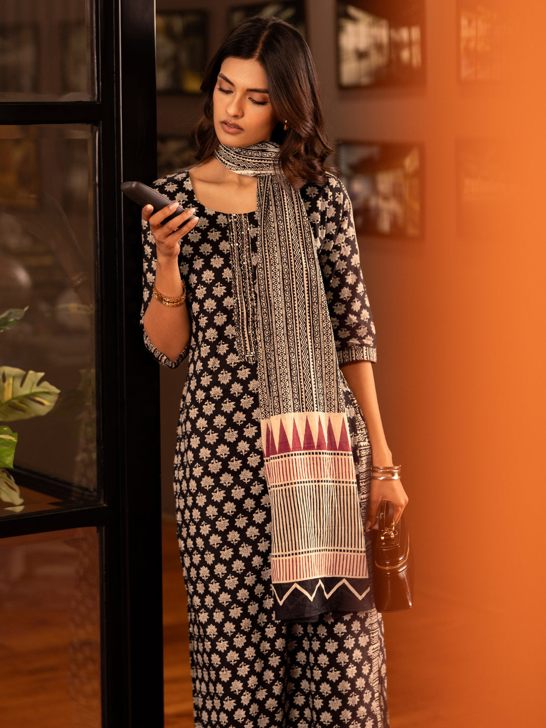 Black Printed Cotton Straight Suit With Dupatta