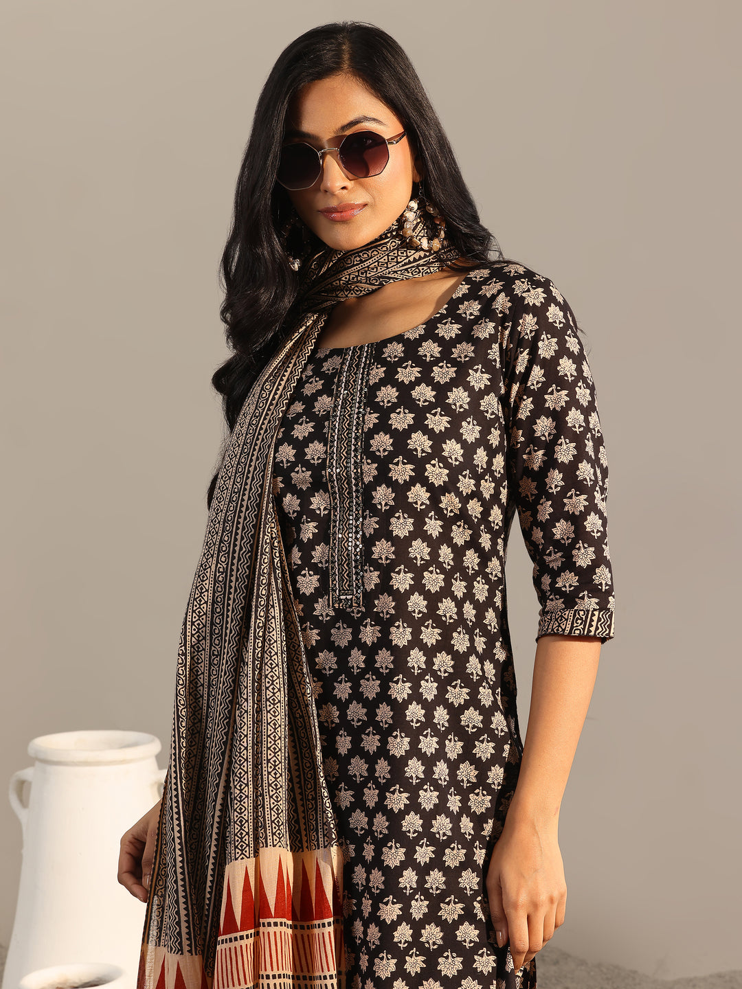 Black Printed Cotton Straight Suit With Dupatta