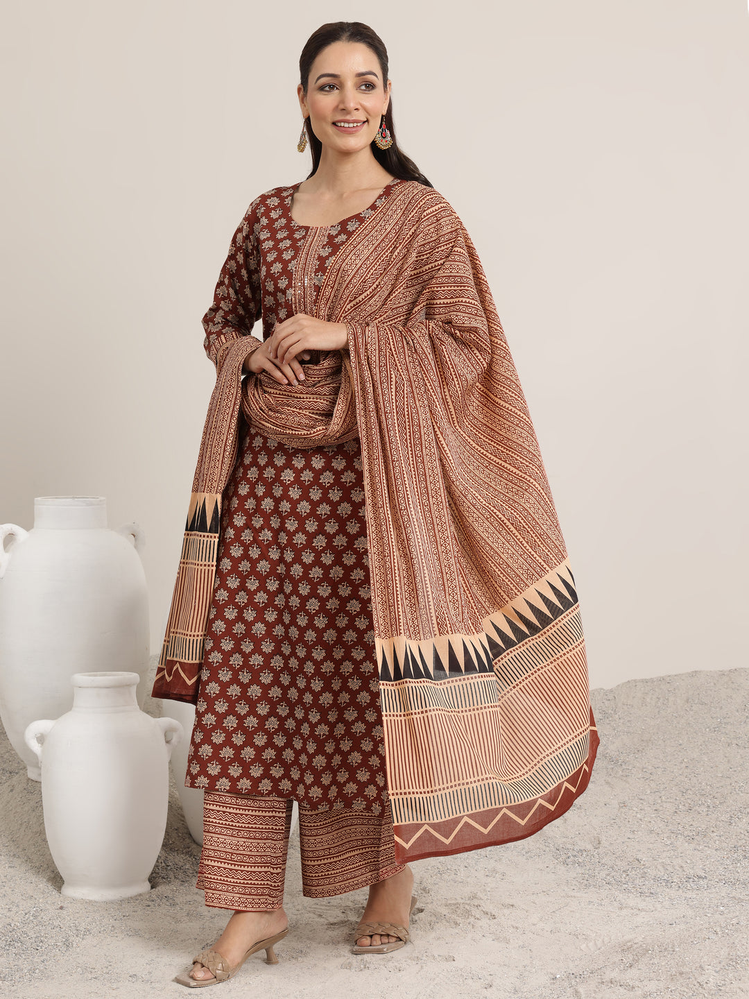 Maroon Printed Cotton Straight Suit Set With Dupatta