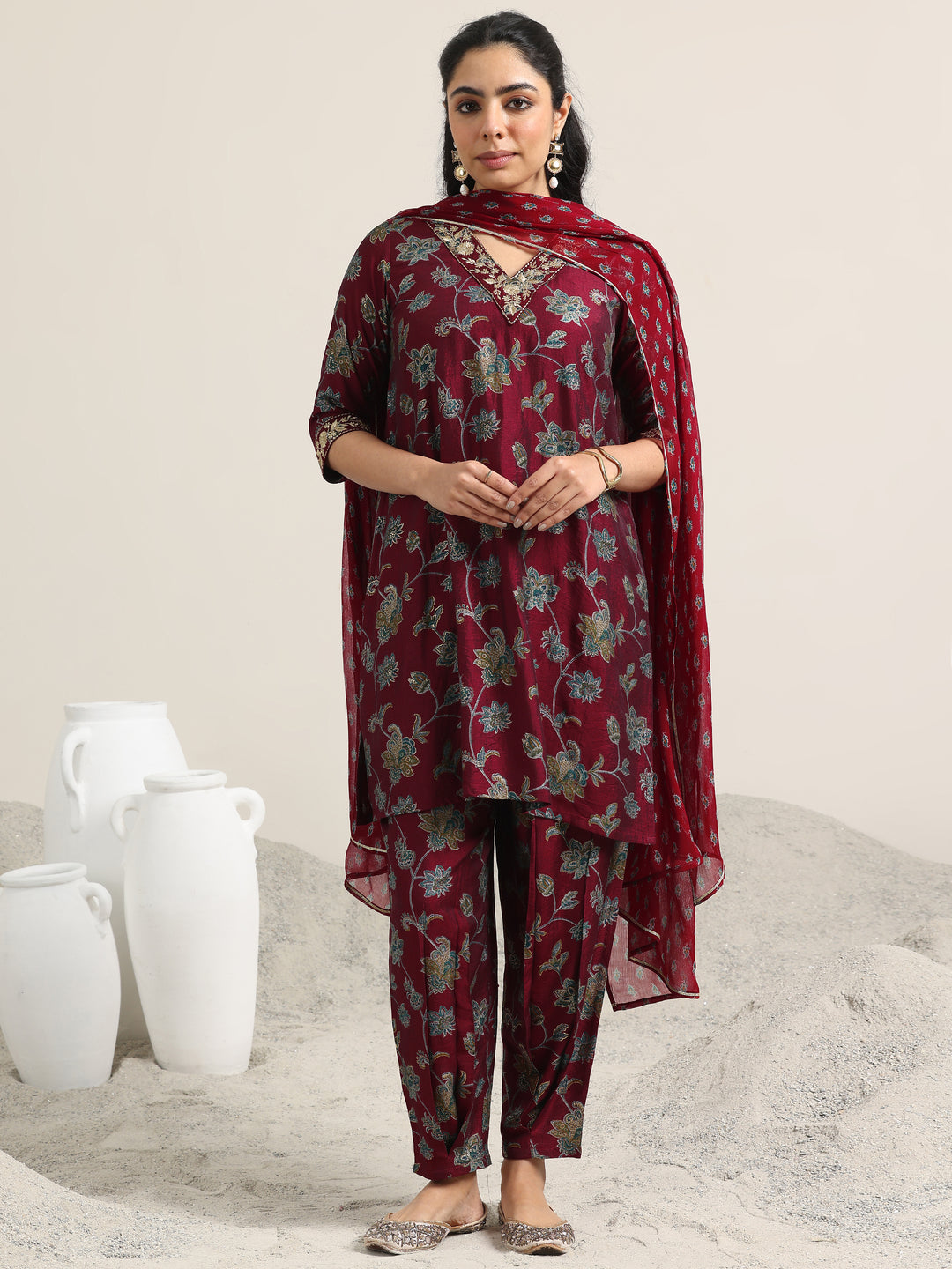 Maroon Printed Silk Blend Straight Suit With Dupatta