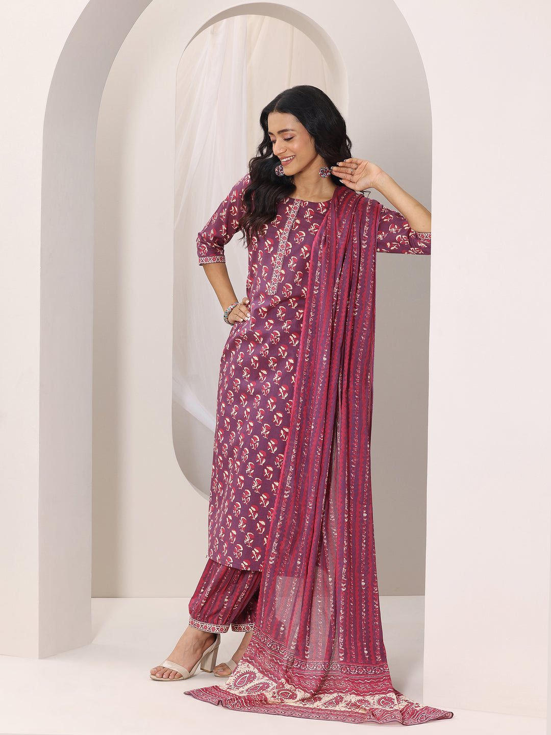 Mauve Printed Cotton Straight Suit Set With Dupatta