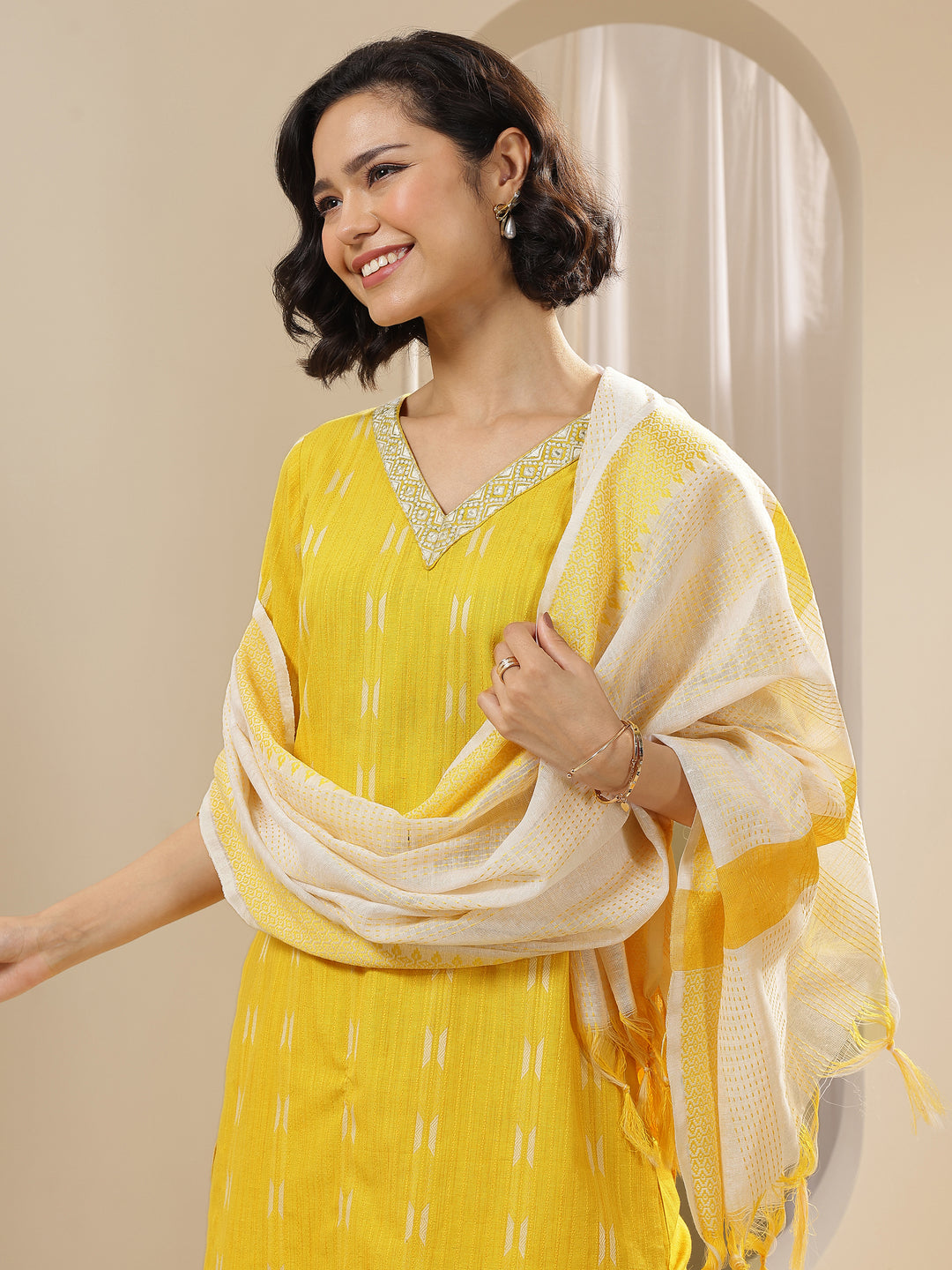 Yellow Self Design Cotton Blend Straight Suit Sets With Dupatta