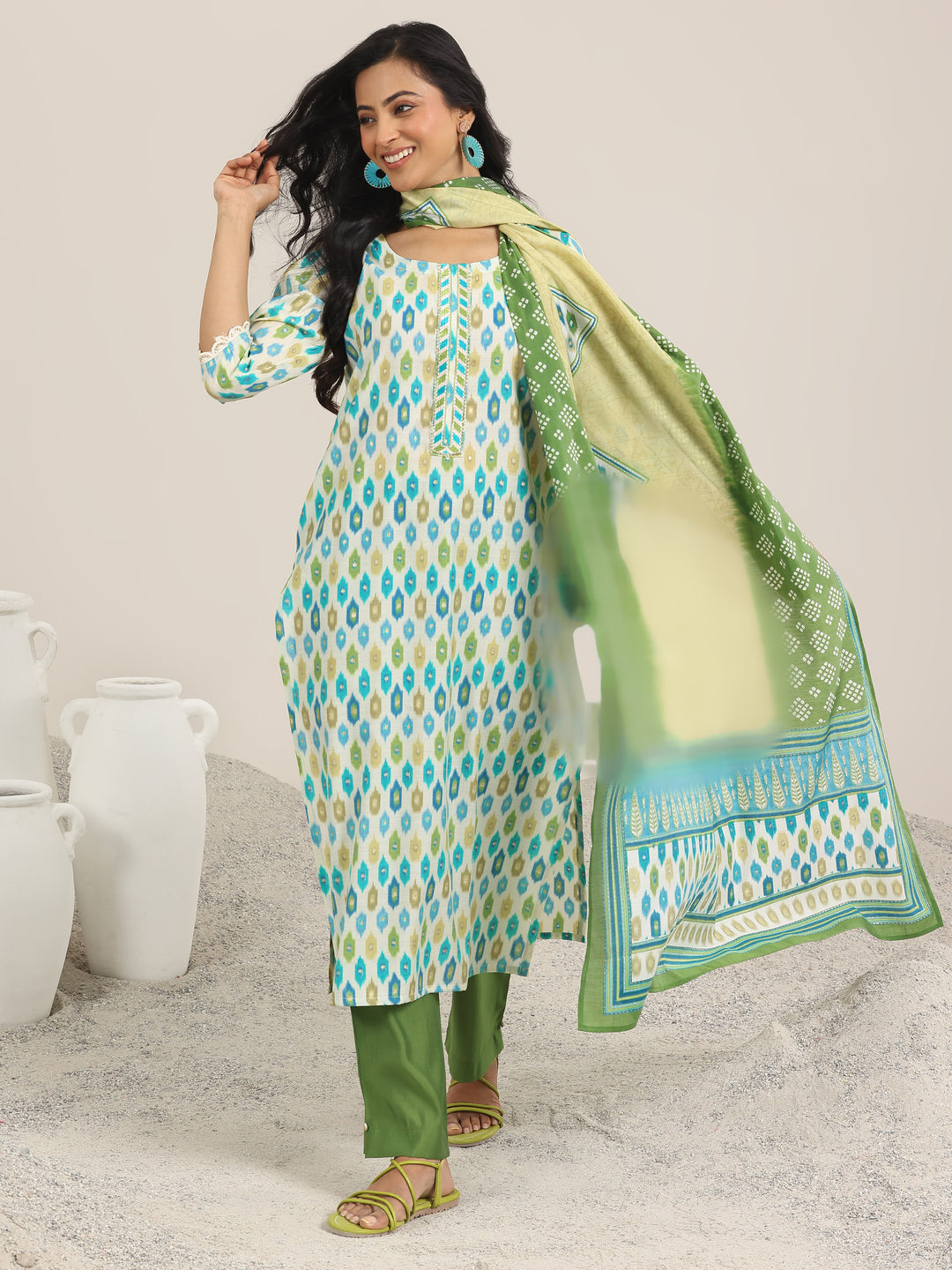 Green Printed Silk Blend Straight Suit With Dupatta