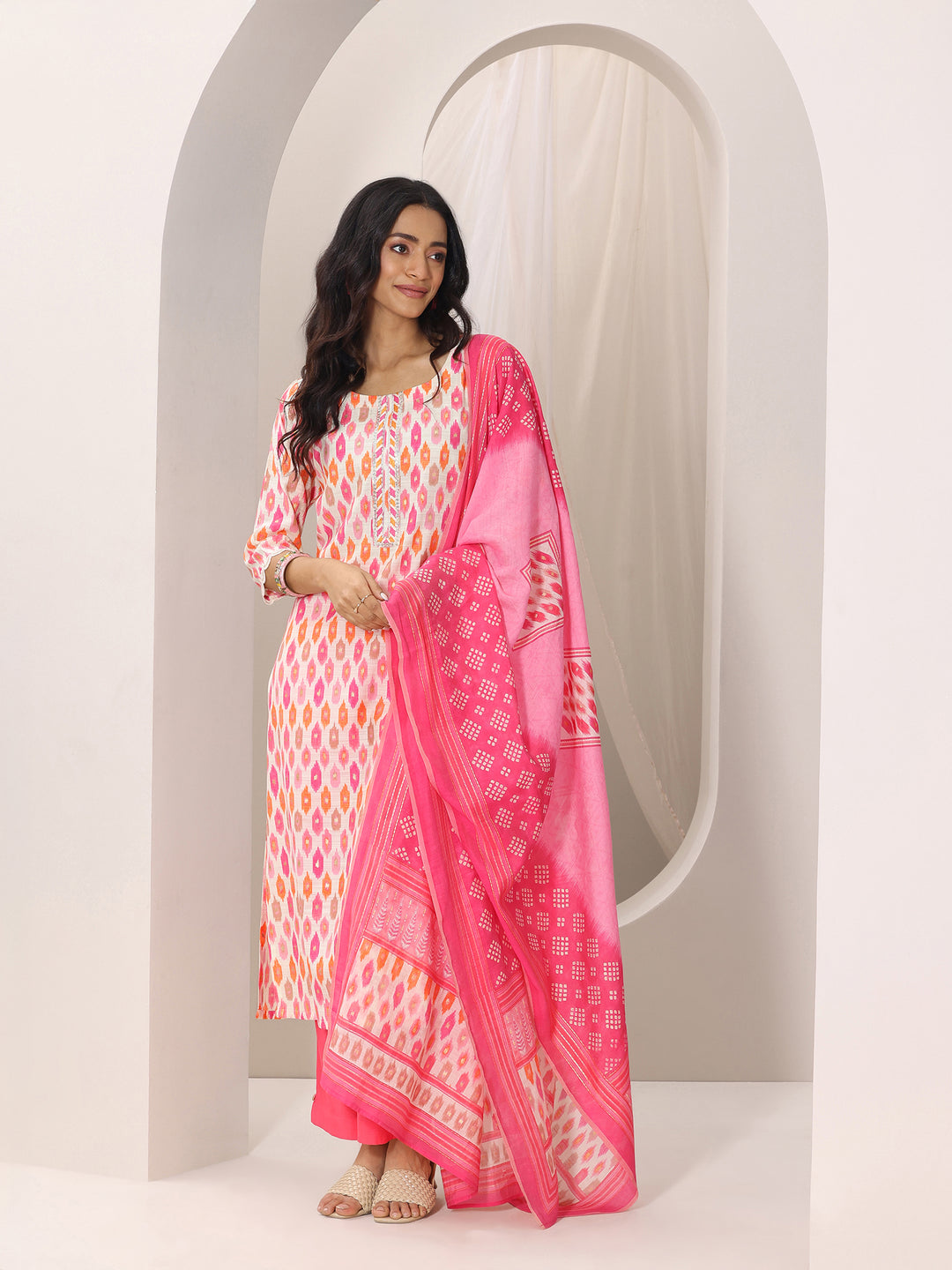 Pink Printed Silk Blend Straight Suit Set With Dupatta