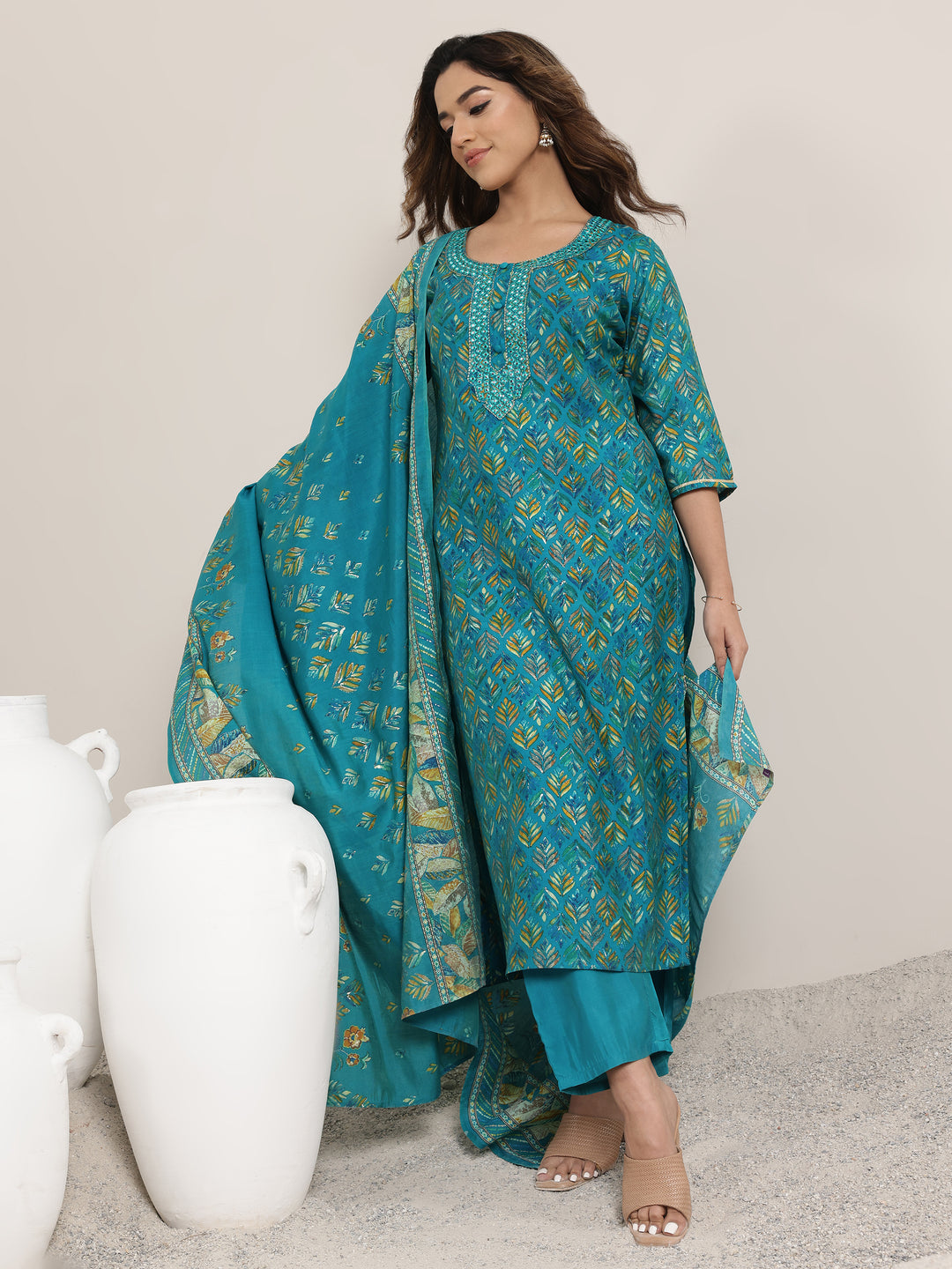 Blue Printed Silk Blend Straight Suit Set With Dupatta