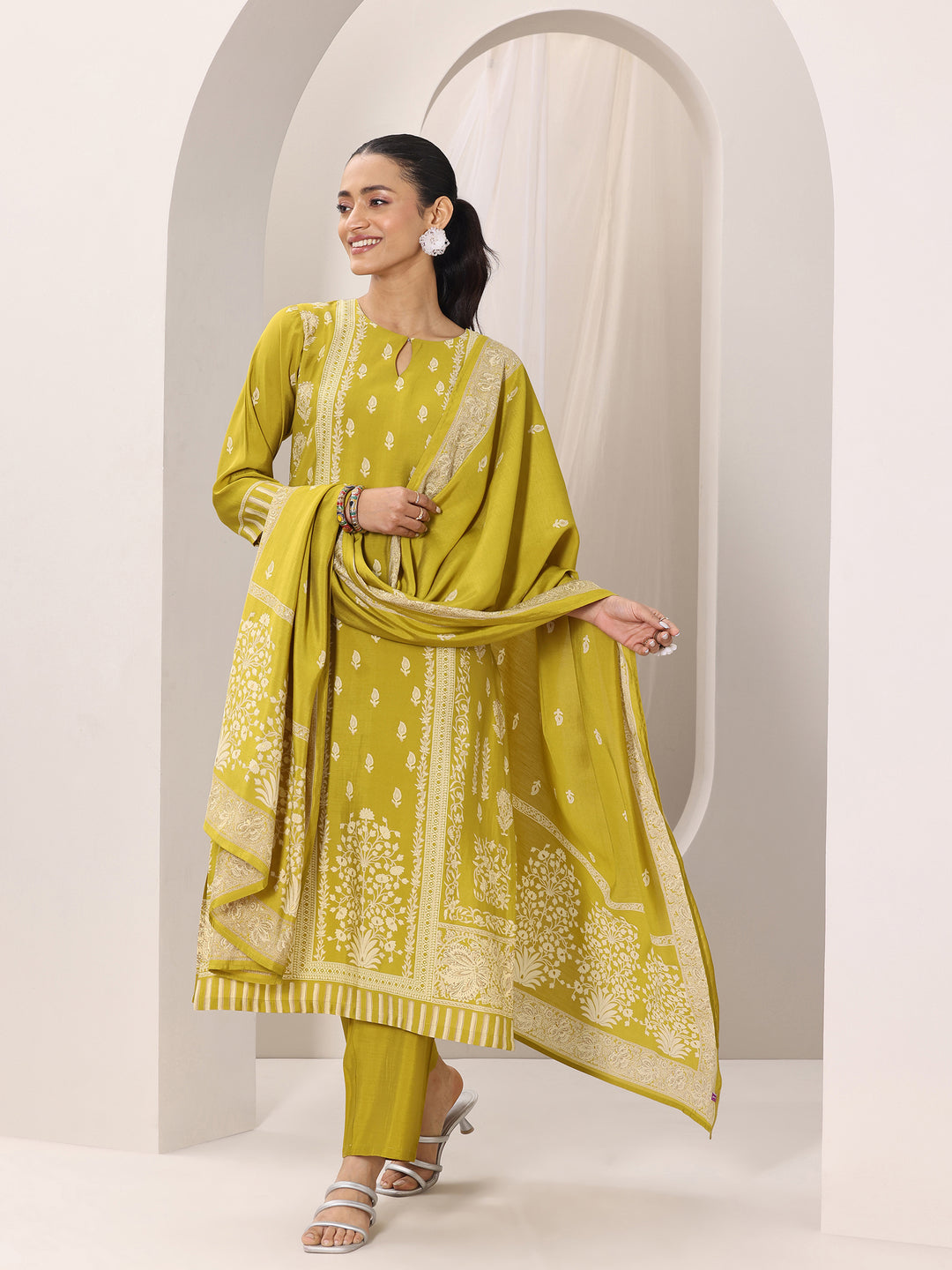 Mustard Printed Silk Blend Straight Suit Set With Dupatta