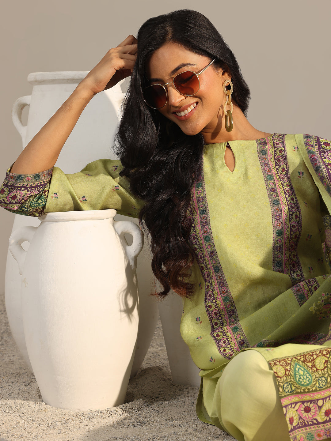 Green Printed Silk Blend Straight Suit With Dupatta