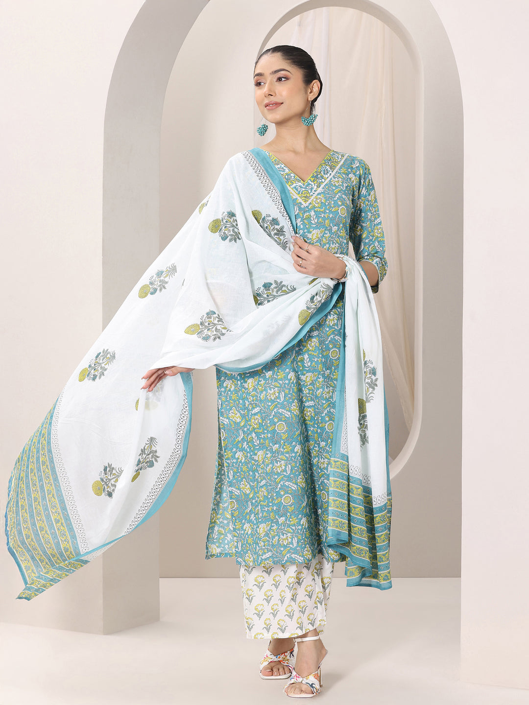 Teal Blue Printed Cotton Straight Suit Set With Dupatta