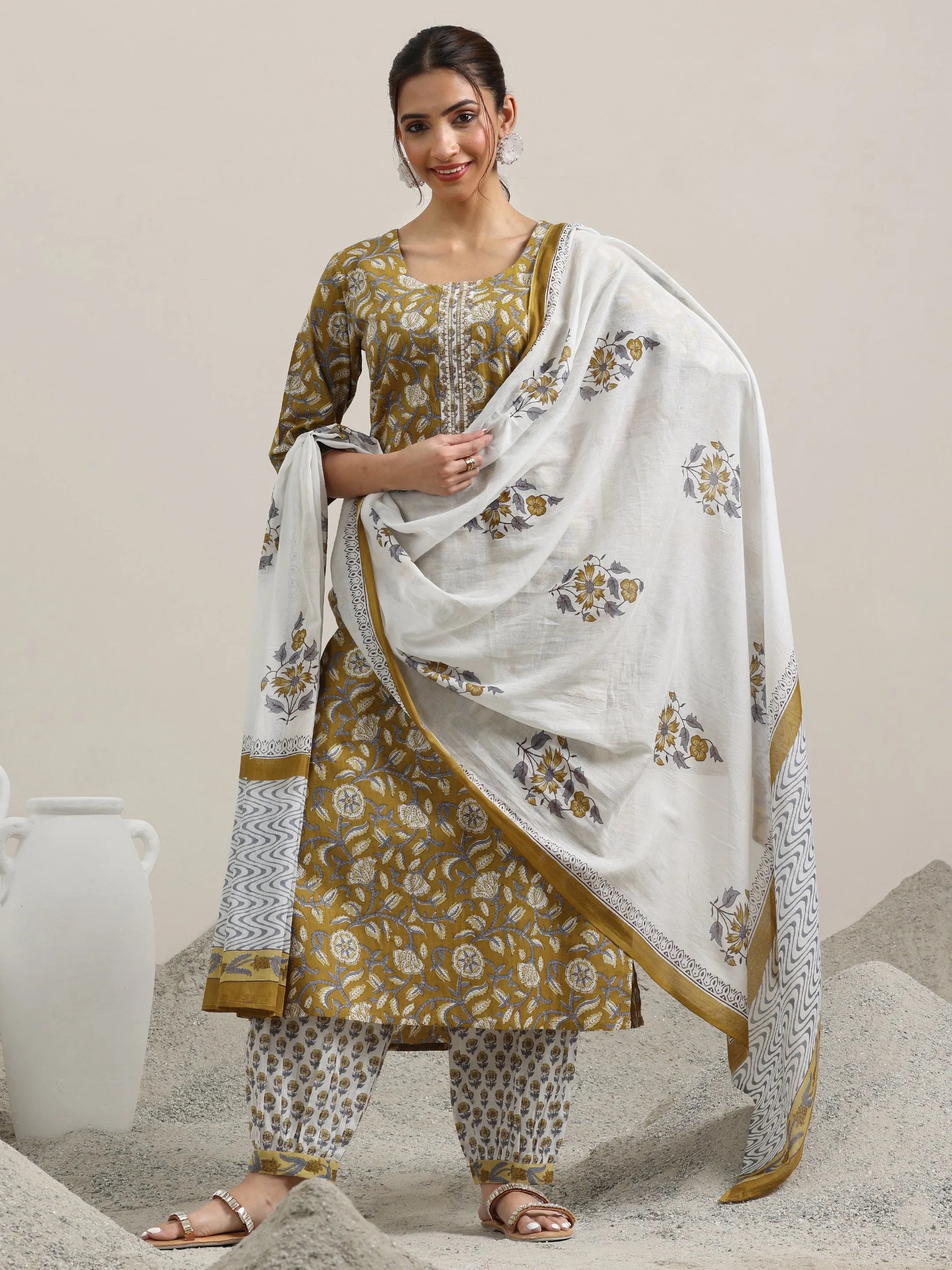 Mustard Printed Cotton Straight Suit With Dupatta