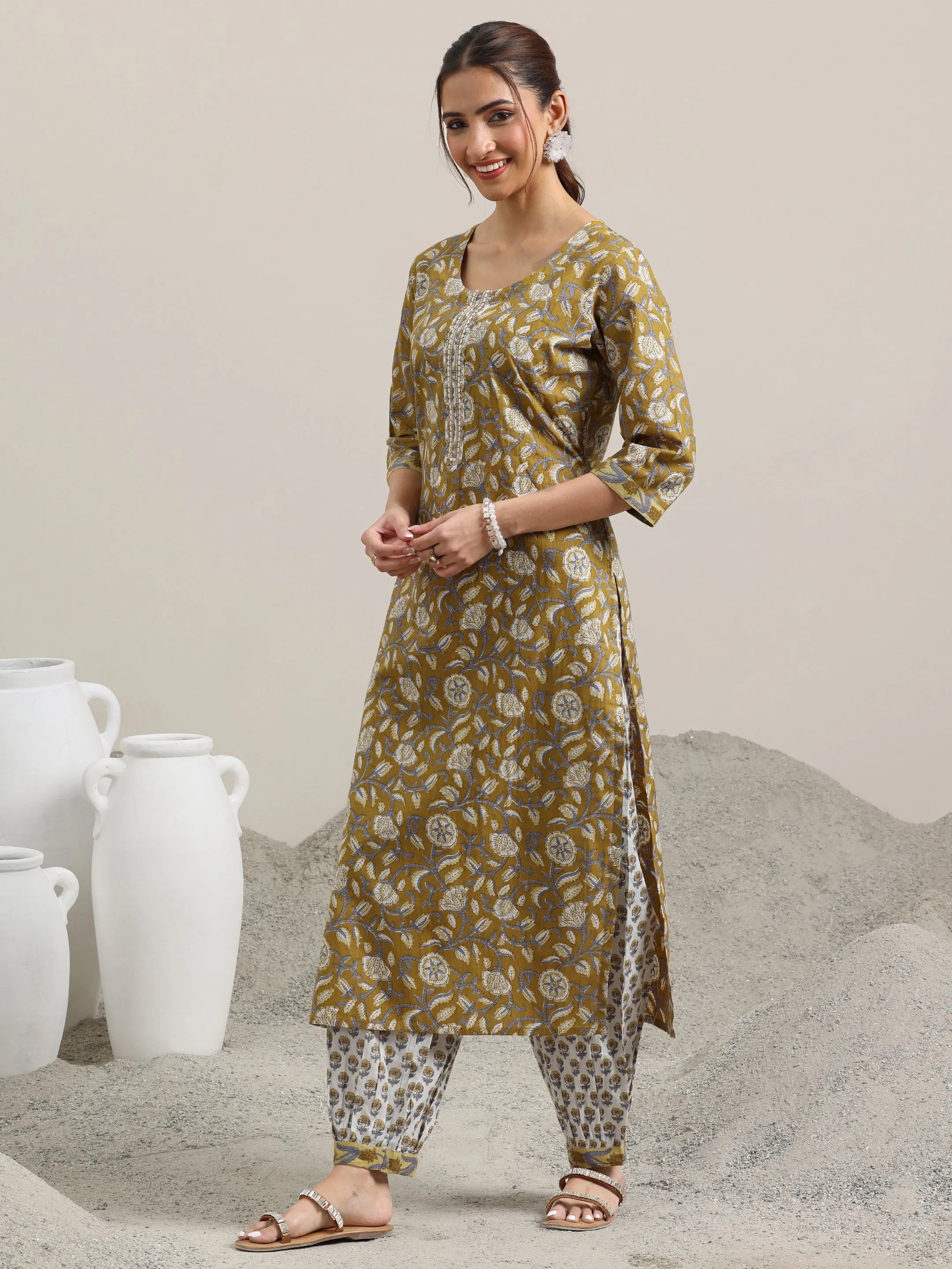 Mustard Printed Cotton Straight Suit With Dupatta