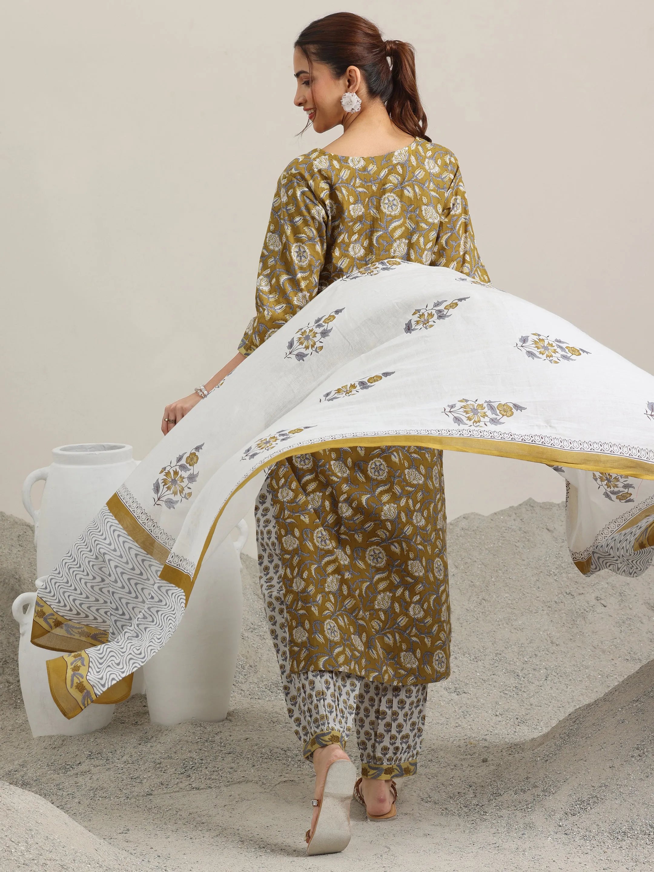 Mustard Printed Cotton Straight Suit With Dupatta