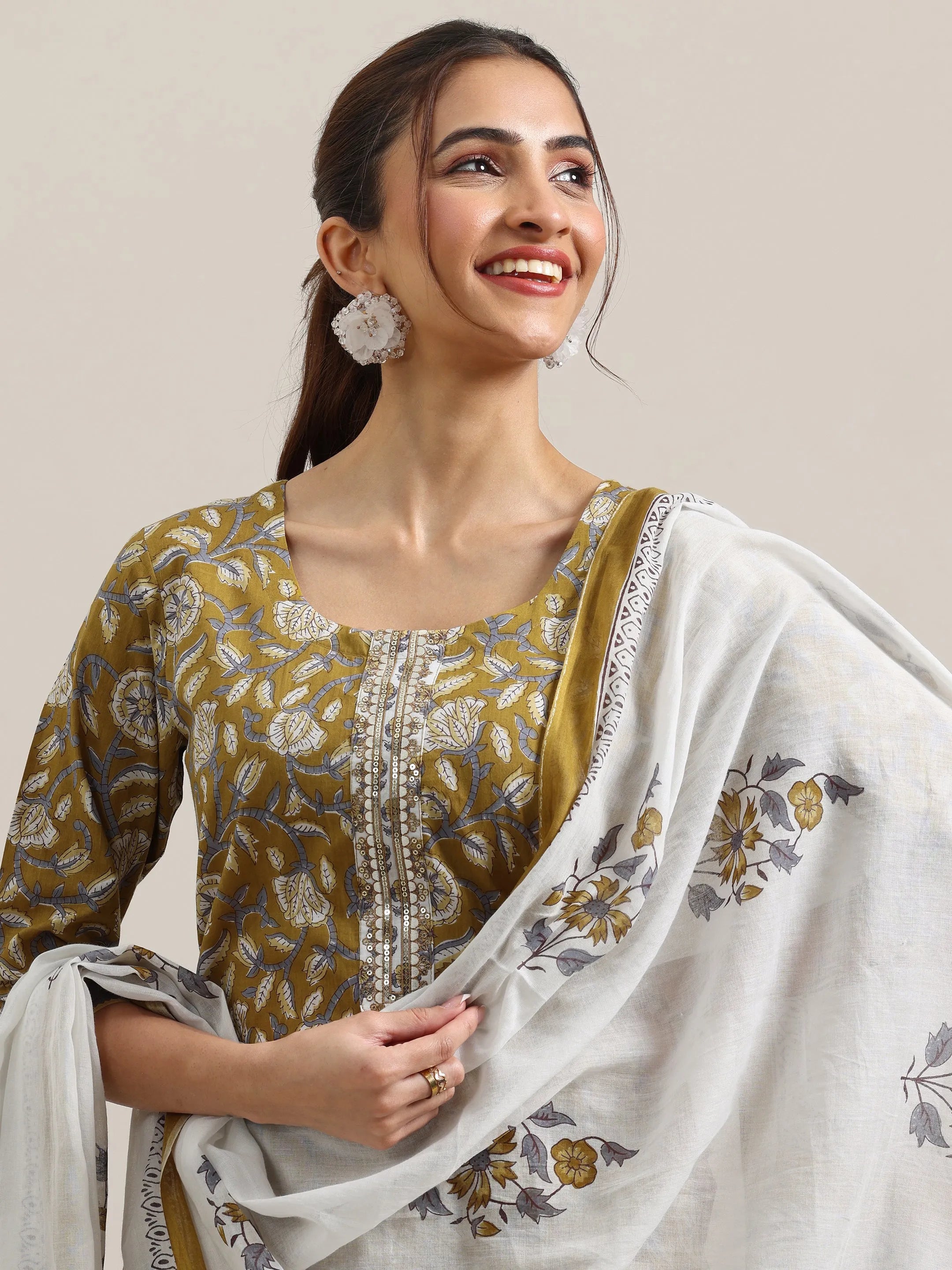 Mustard Printed Cotton Straight Suit With Dupatta