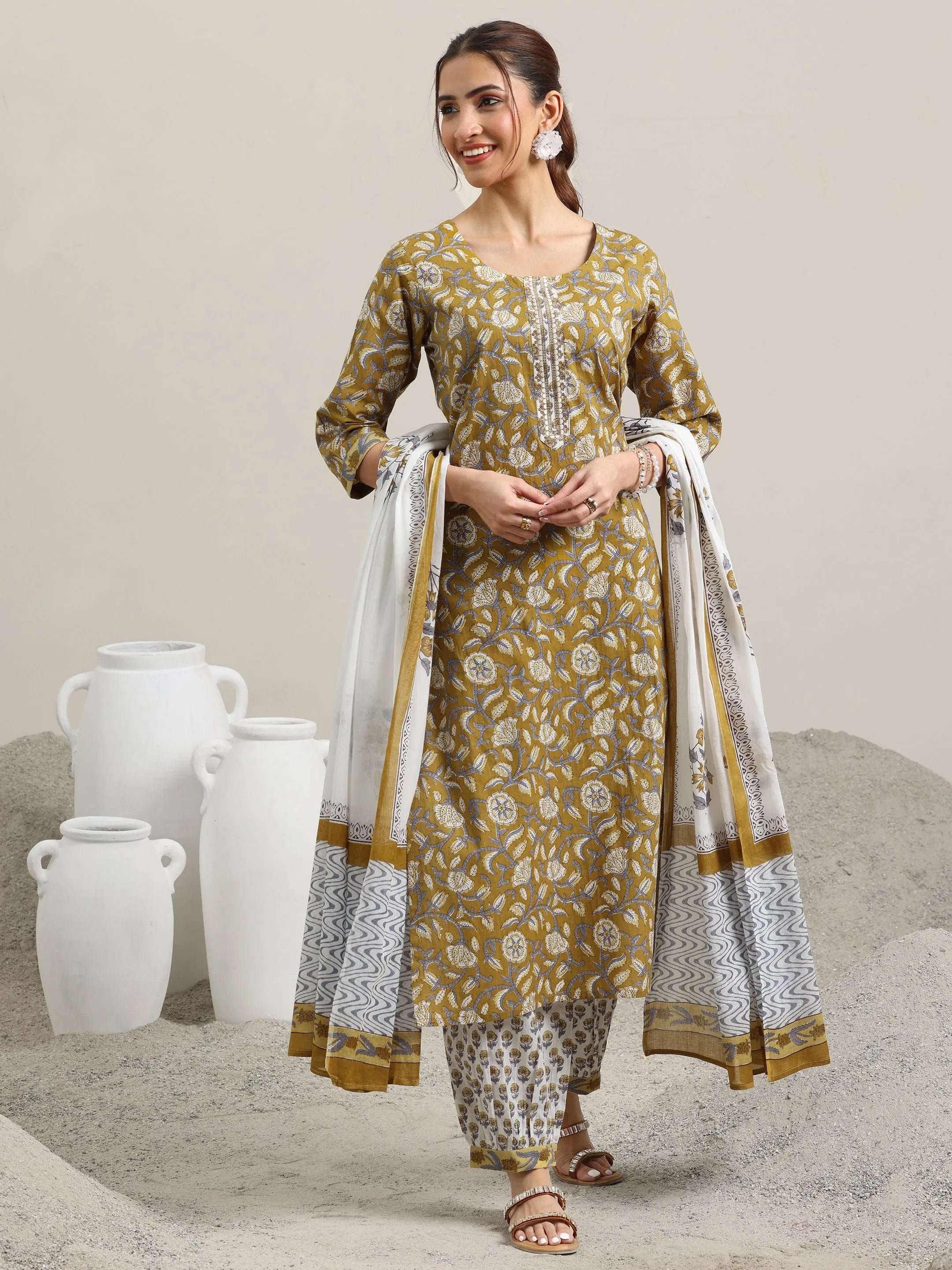 Mustard Printed Cotton Straight Suit With Dupatta