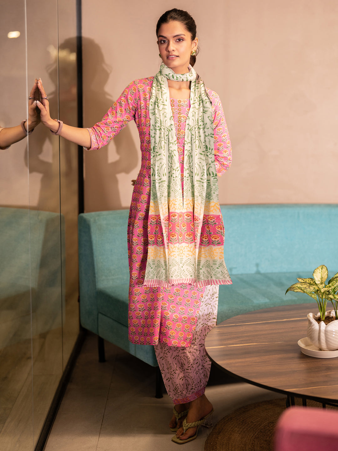 Pink Printed Cotton Straight Suit Set With Dupatta