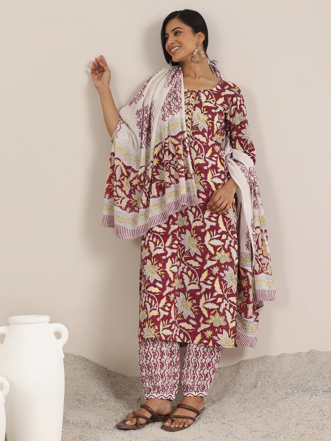 Red Printed Cotton Straight Suit With Dupatta