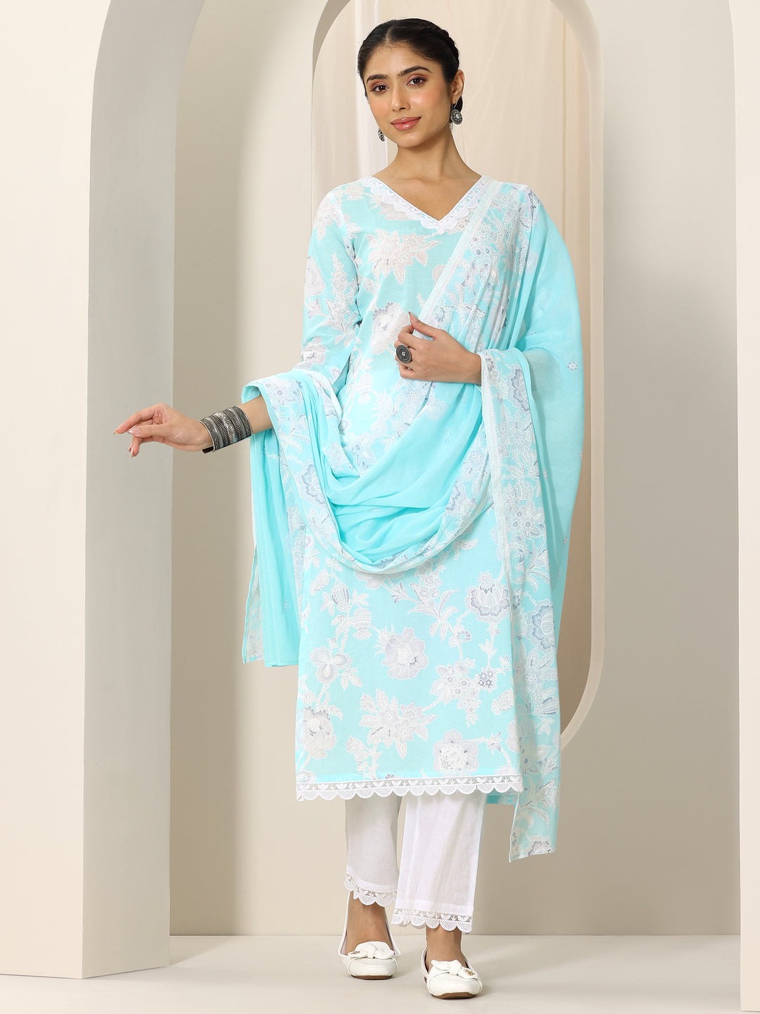 Blue Printed Cotton Straight Suit Set With Dupatta