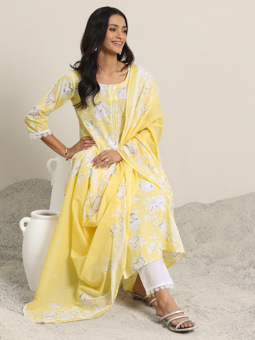 Yellow Printed Cotton Straight Suit Set With Dupatta