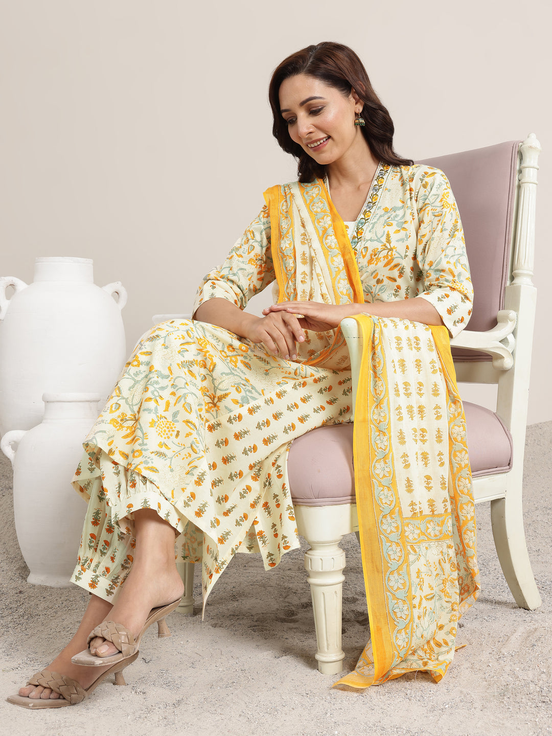 Yellow Printed Cotton A-Line Suit Set With Dupatta