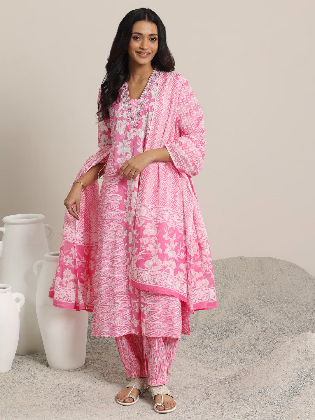 Pink Printed Cotton Straight Suit Set With Dupatta