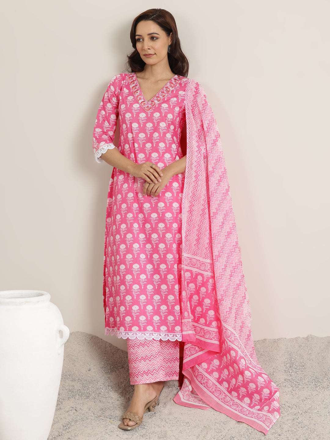 Pink Printed Cotton Straight Suit Set With Dupatta