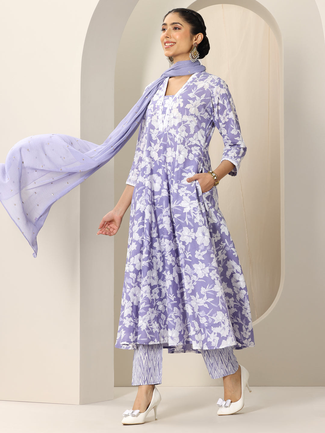 Lavender Printed Cotton Anarkali Suit Set With Dupatta