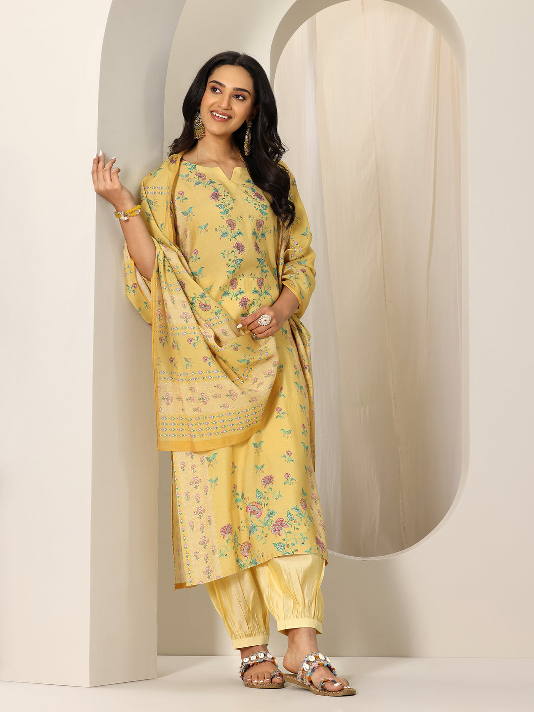 Yellow Printed Silk Blend Straight Suit Set With Dupatta