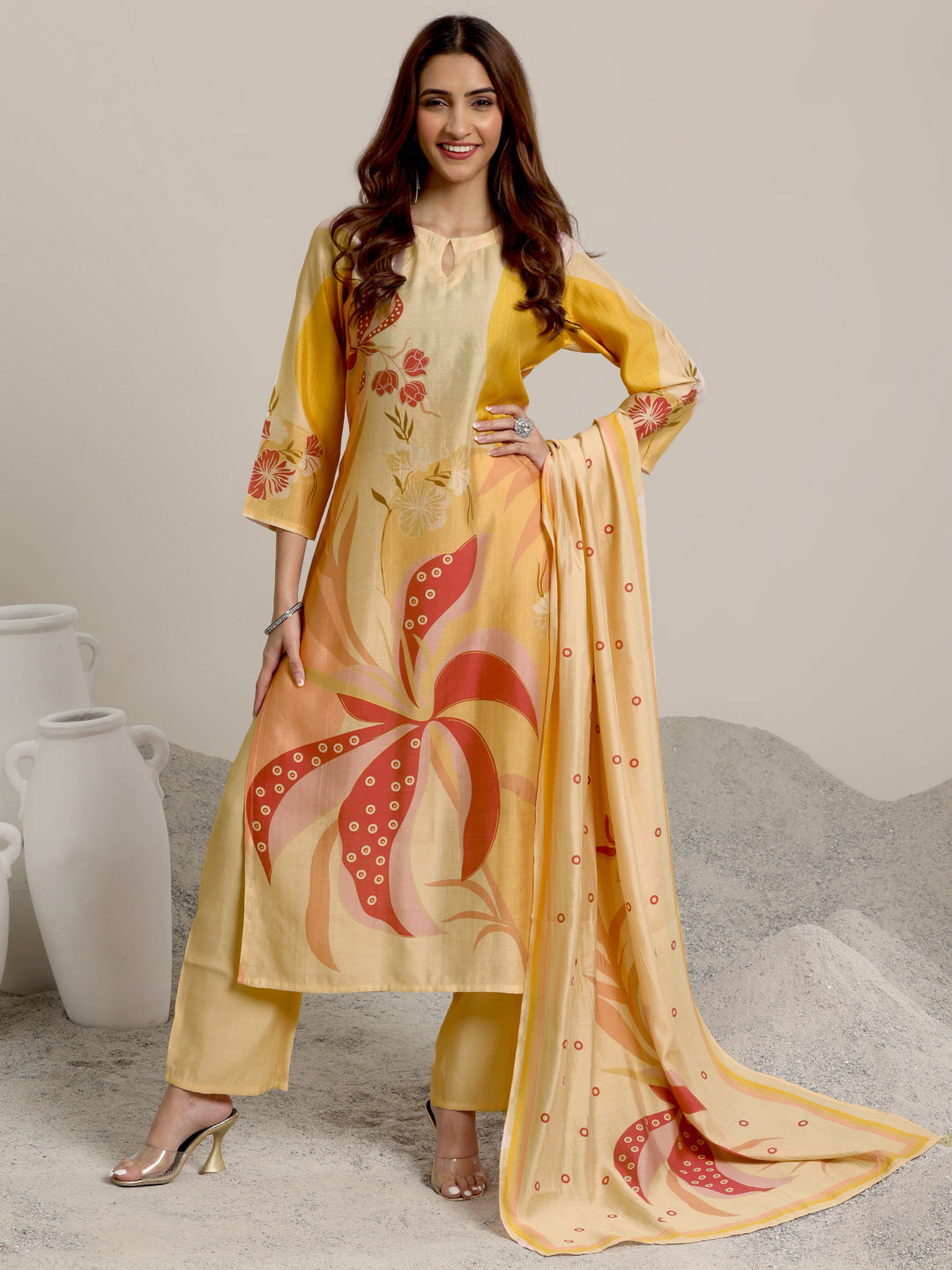 Peach Printed Silk Blend Straight Suit Set With Dupatta