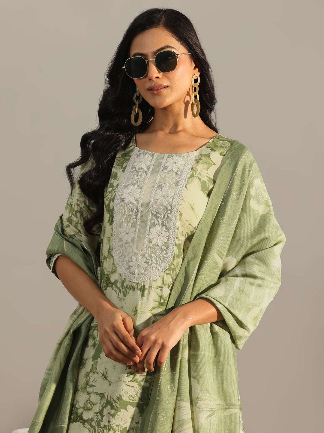 Green Printed Silk Blend Straight Suit With Dupatta