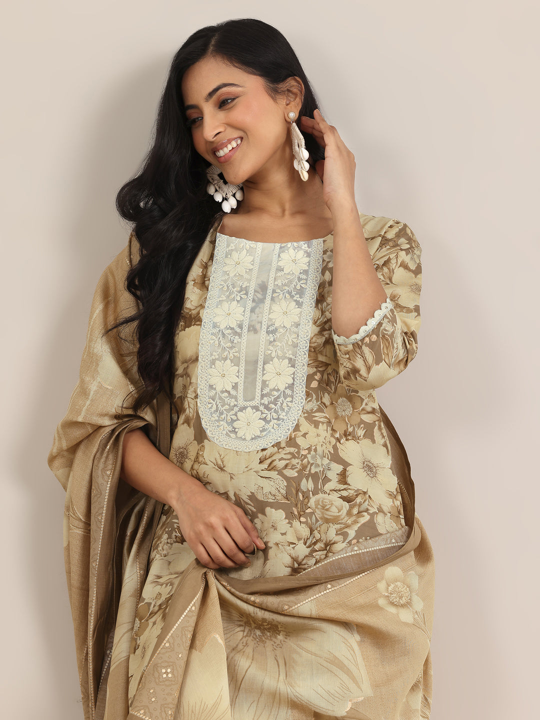 Brown Printed Silk Blend Straight Suit With Dupatta