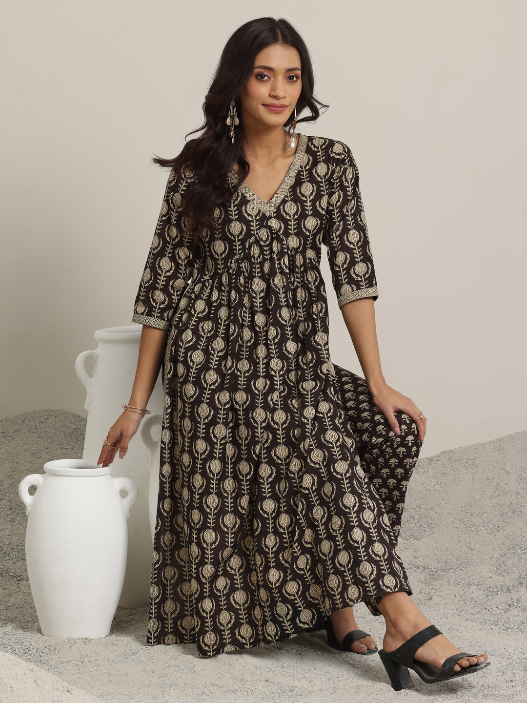 Black Printed Cotton A-Line Kurta Set