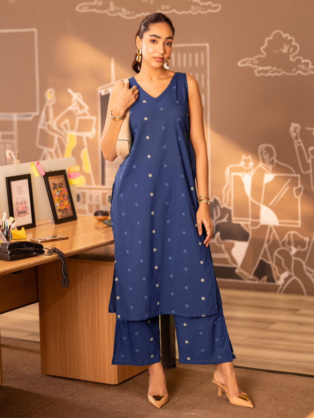 Blue Printed Cotton Straight Kurta Set