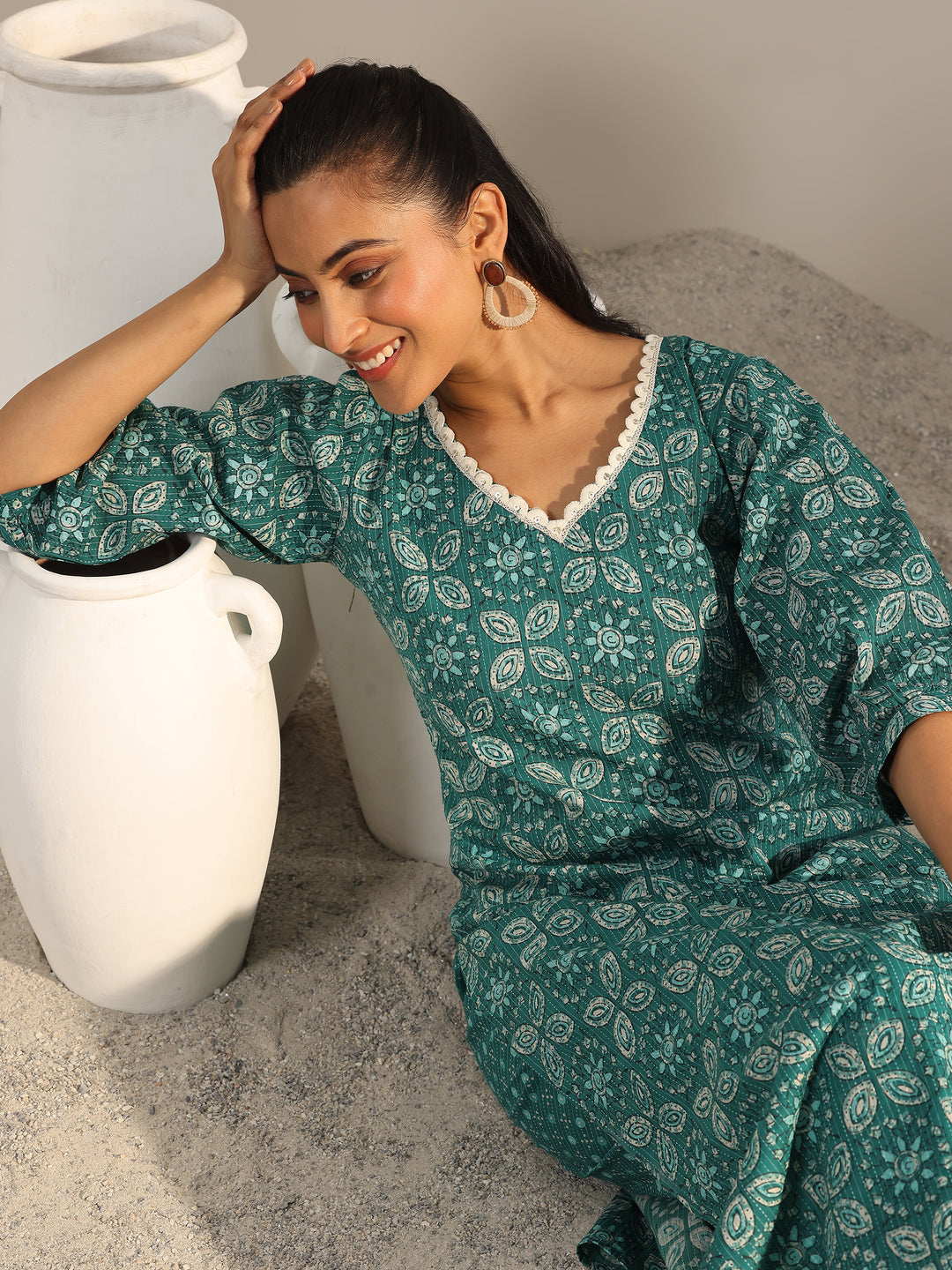 Teal Printed Cotton Straight Kurta Set