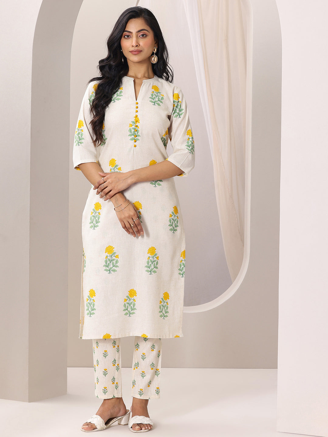 Off white Printed Cotton Straight Kurta Set