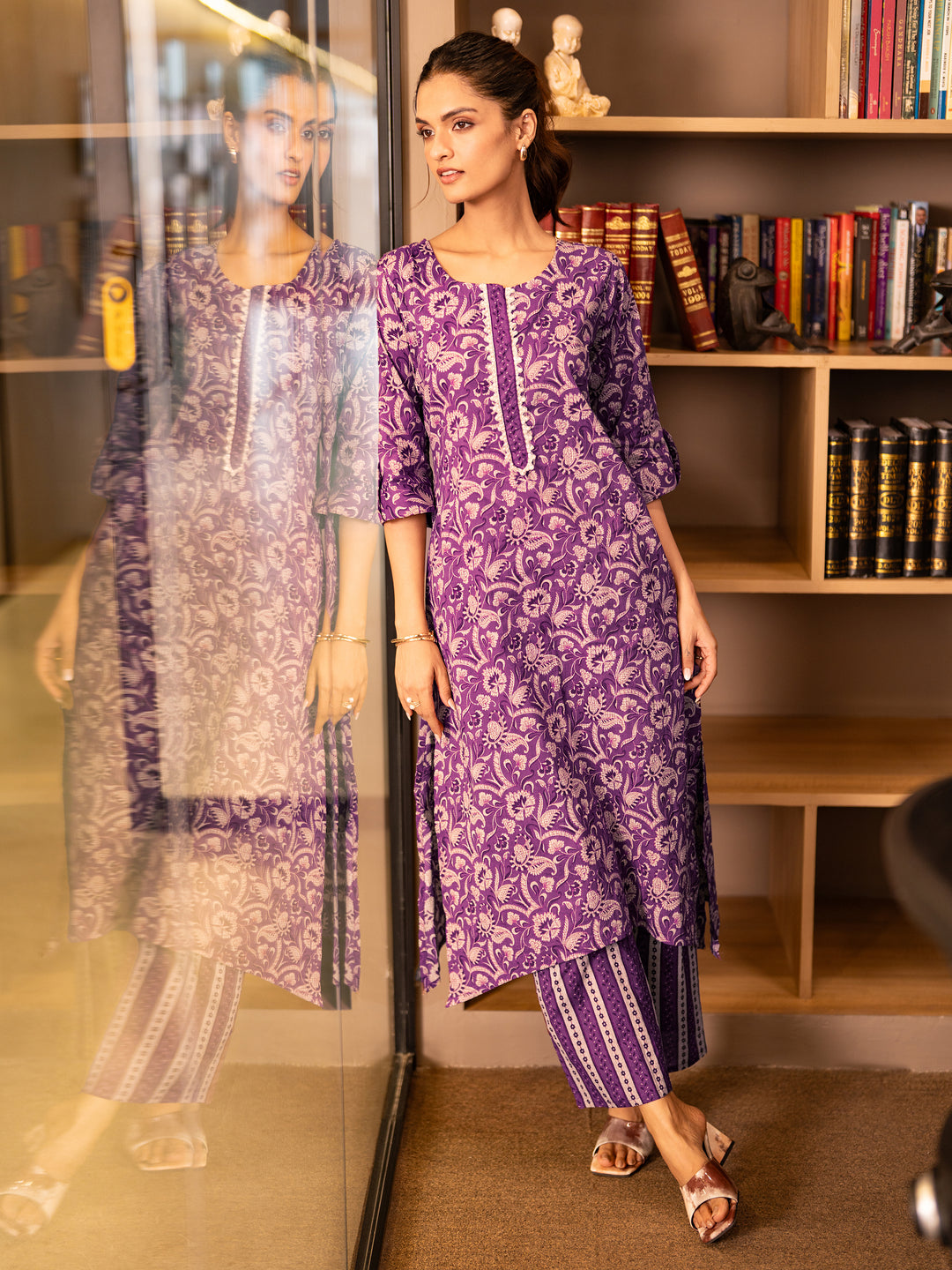 Mauve Printed Cotton Straight Kurta Set