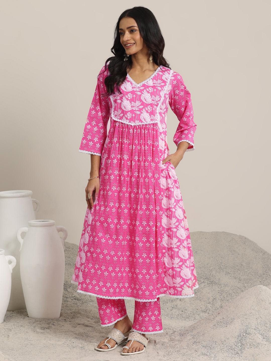 Pink Printed Cotton A-line  Kurta Set