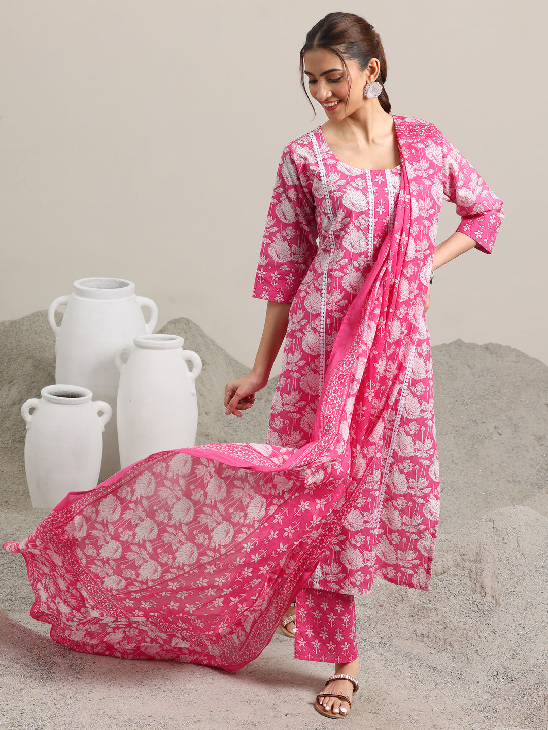 Pink Printed Cotton Straight Suit With Dupatta