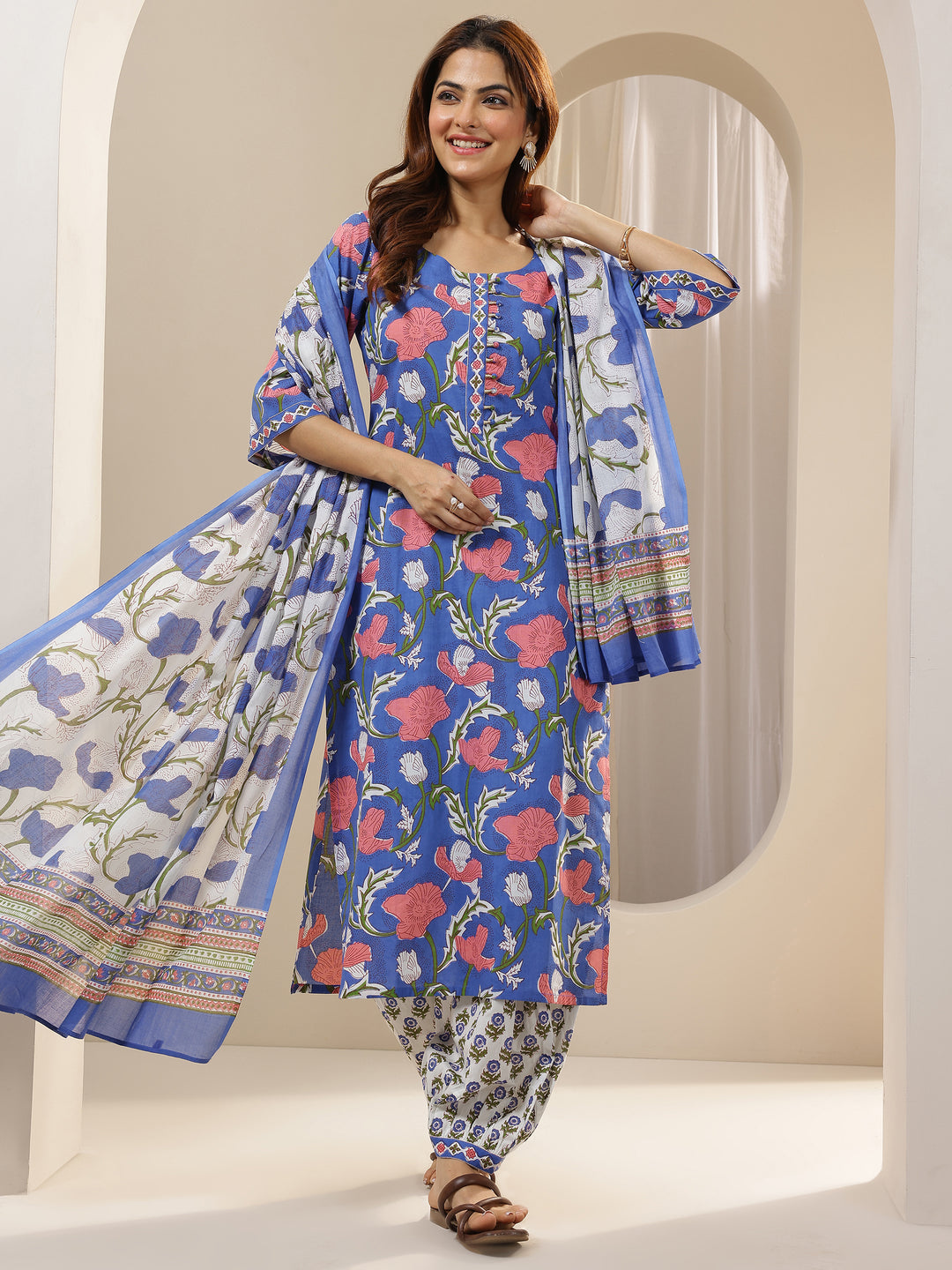 Blue Printed Cotton Straight Suit Sets With Dupatta