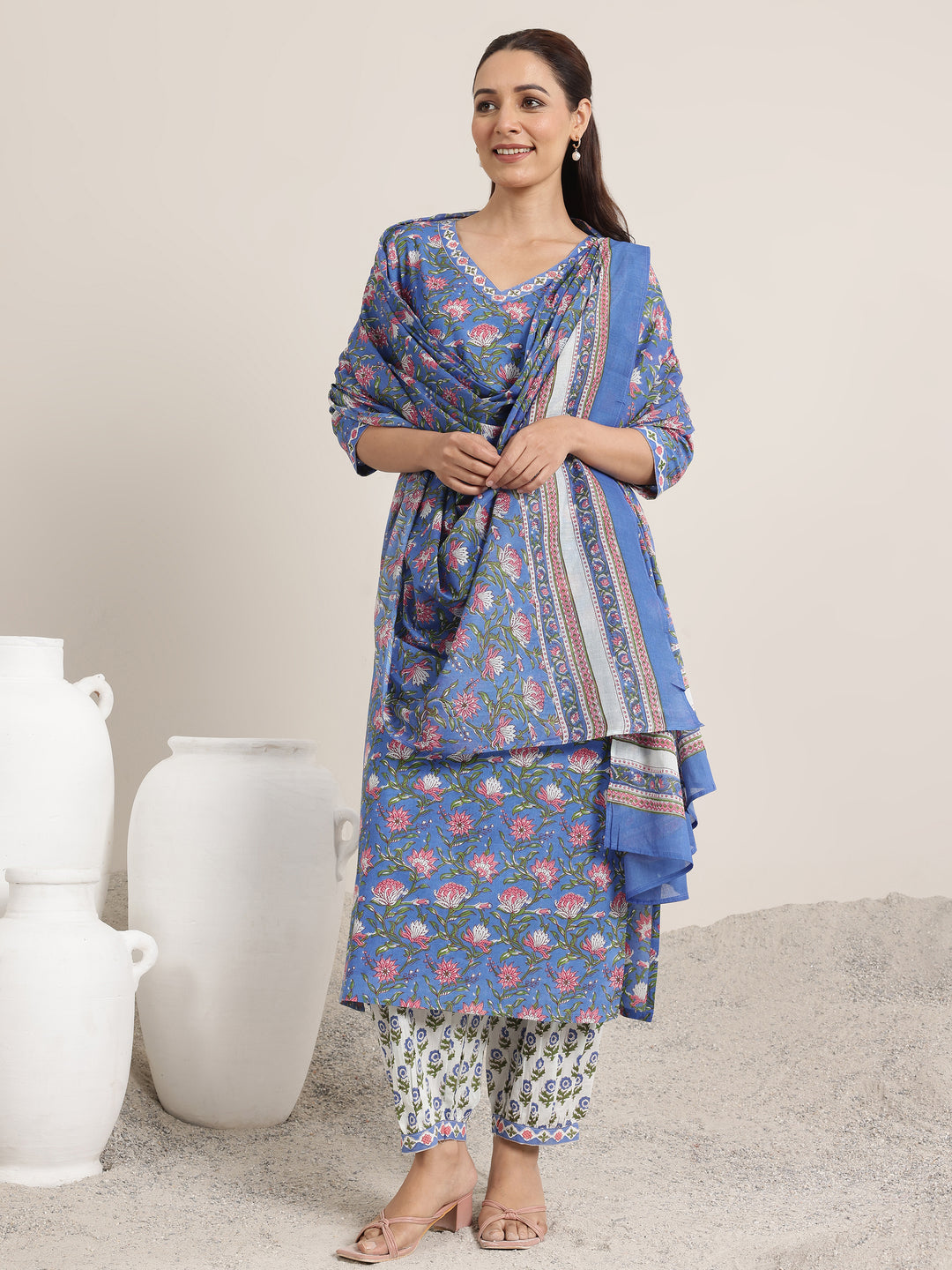 Blue Printed Cotton Straight Suit Set With Dupatta