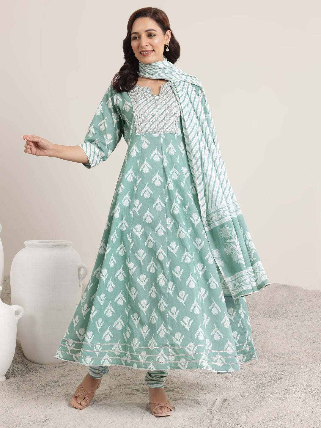 Green Printed Cotton Anarkali Suit Set With Dupatta