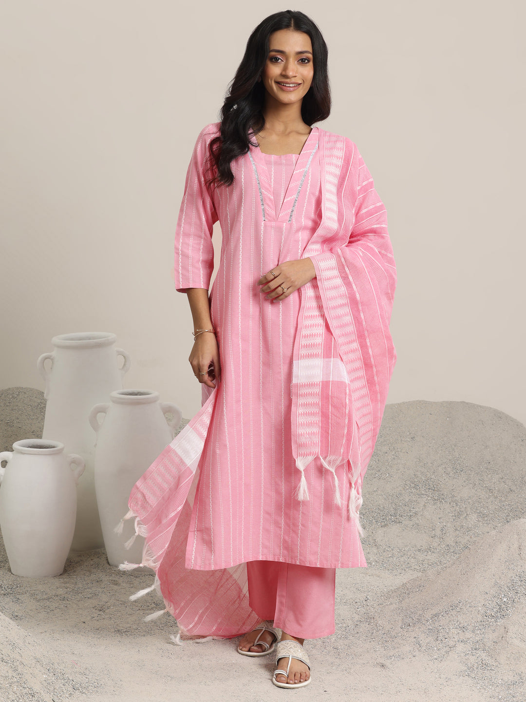 Pink Woven Design Cotton Blend Straight  Suits With Dupatta