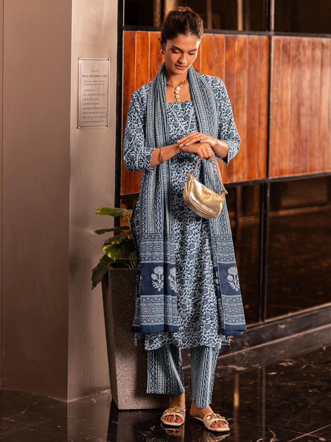 Blue Printed Cotton Straight Suit Set With Dupatta