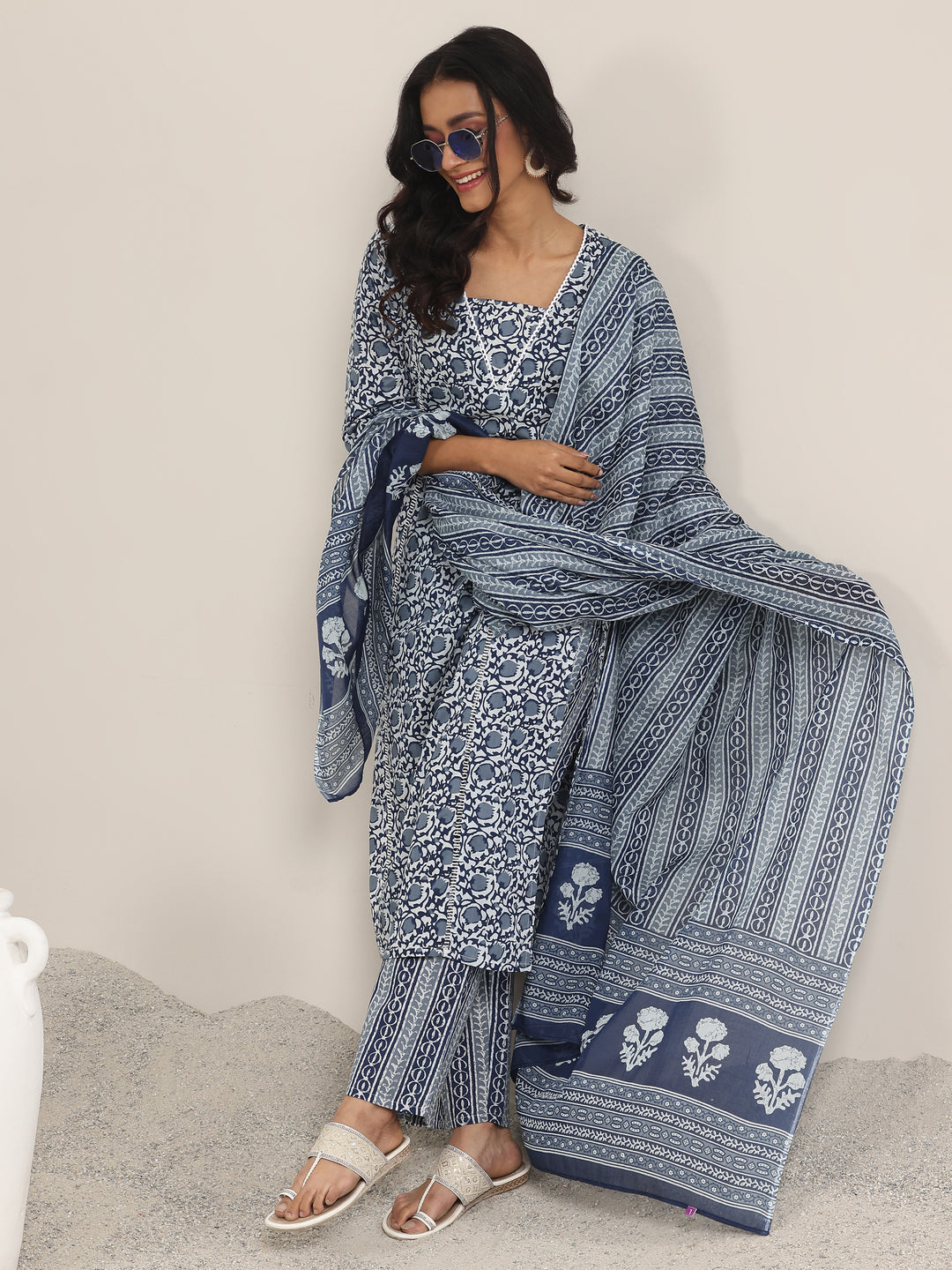 Blue Printed Cotton Straight Suit With Dupatta