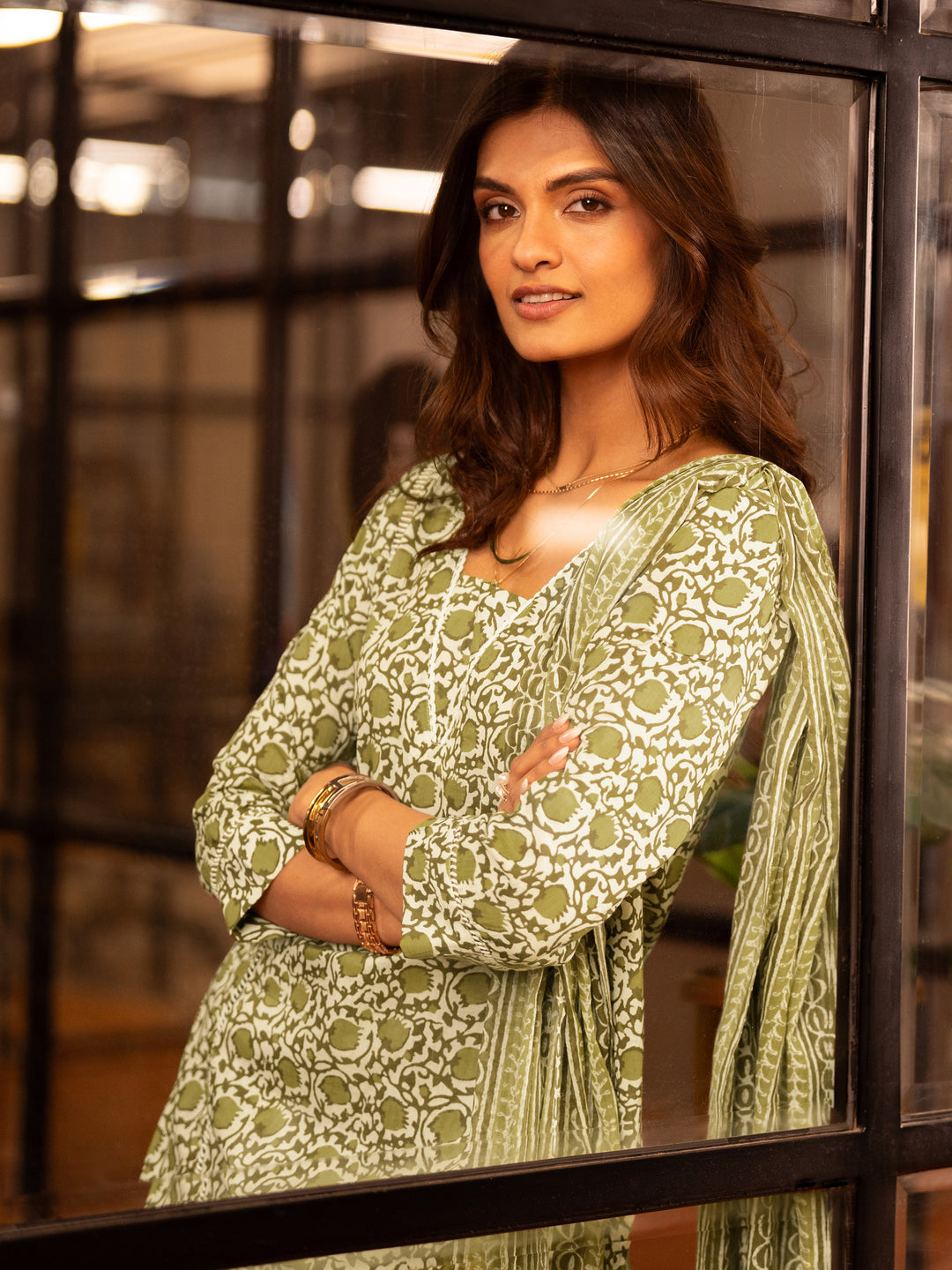 Green Printed Cotton Straight Suits With Dupatta