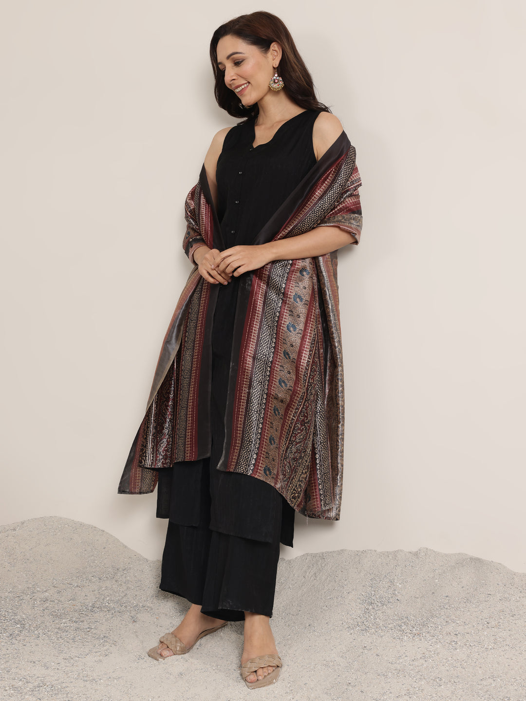 Black Woven Design Silk Blend Straight Suit Set With Dupatta