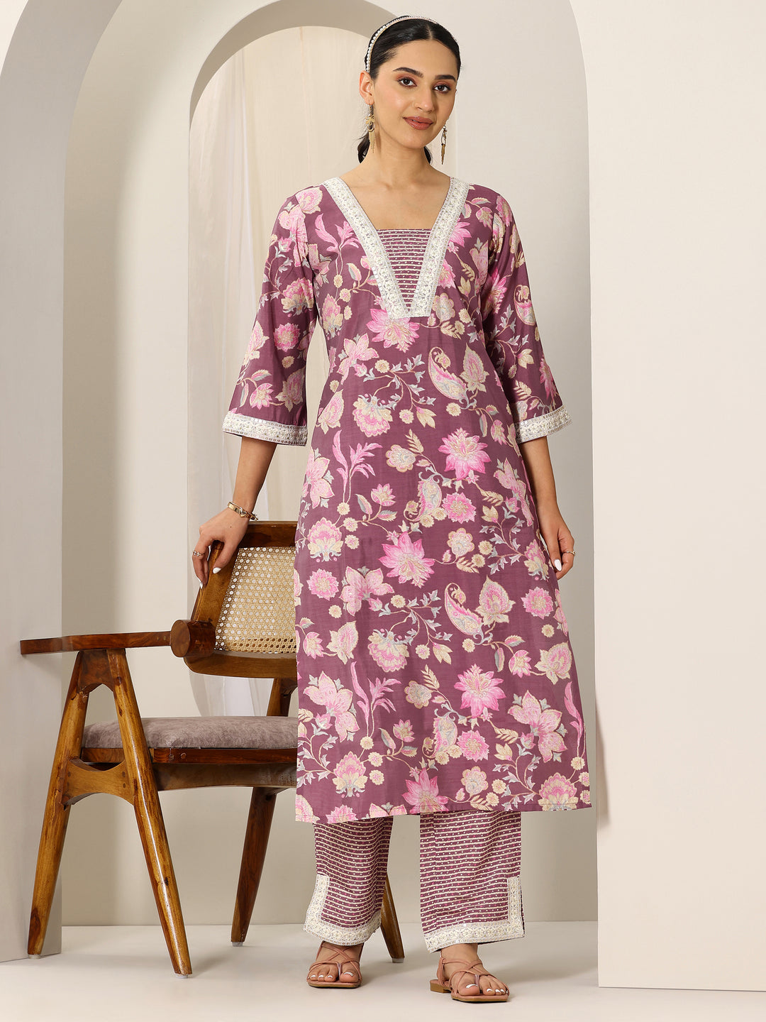 Mauve Printed Silk Blend Straight Kurta Set